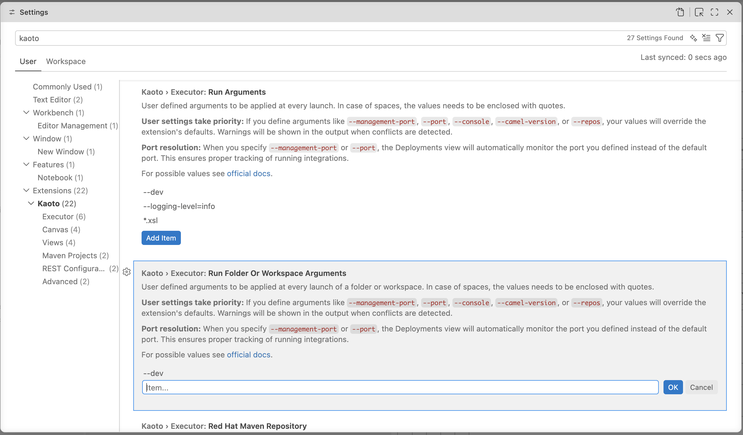 Custom run arguments configuration interface