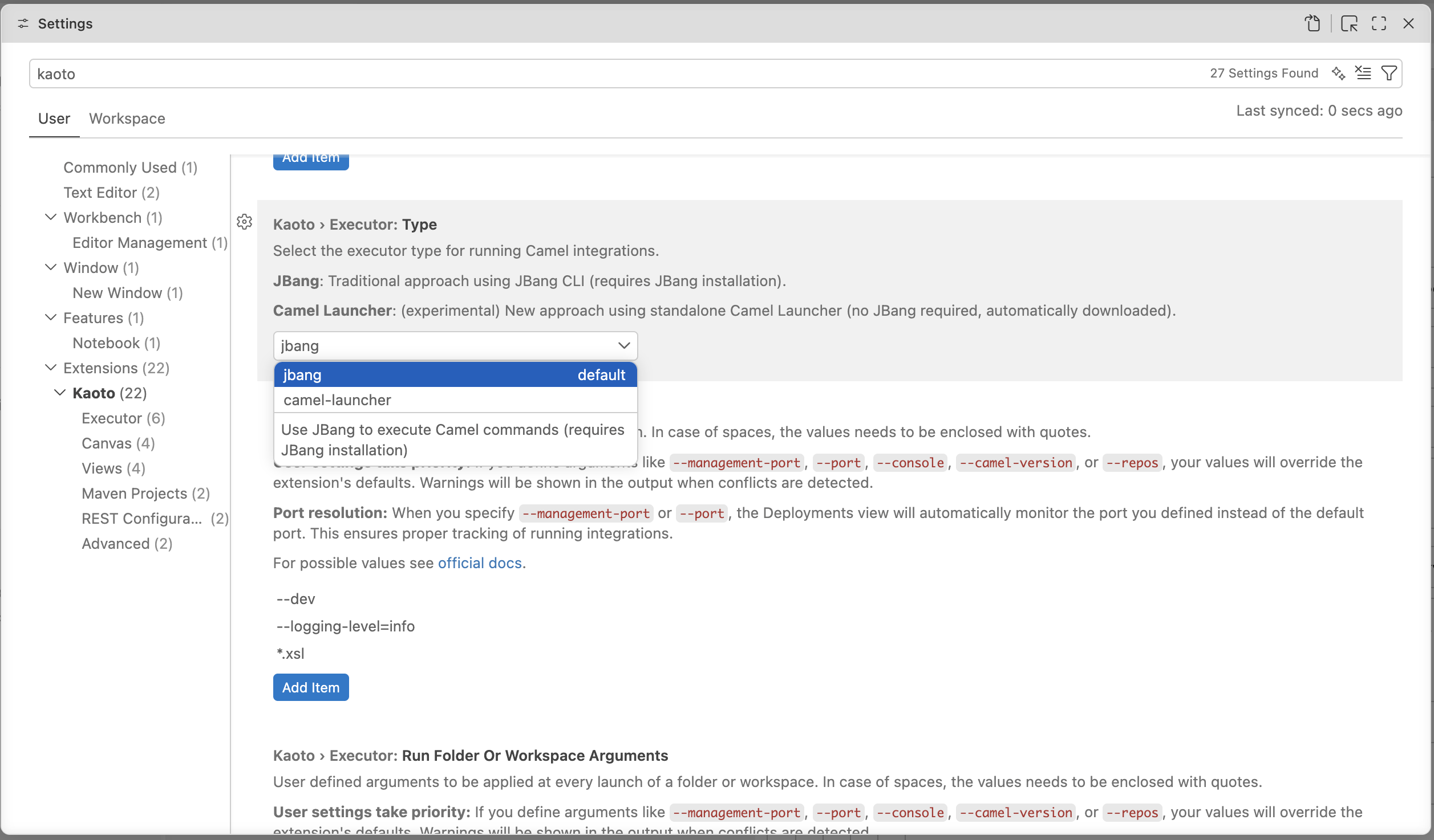 Kaoto settings showing executor selection between Camel CLI and Camel Launcher