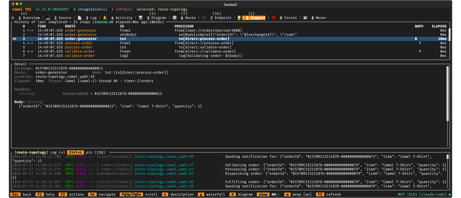 Camel TUI Inspect — stepping through an exchange with headers, body, and BHPV change indicators
