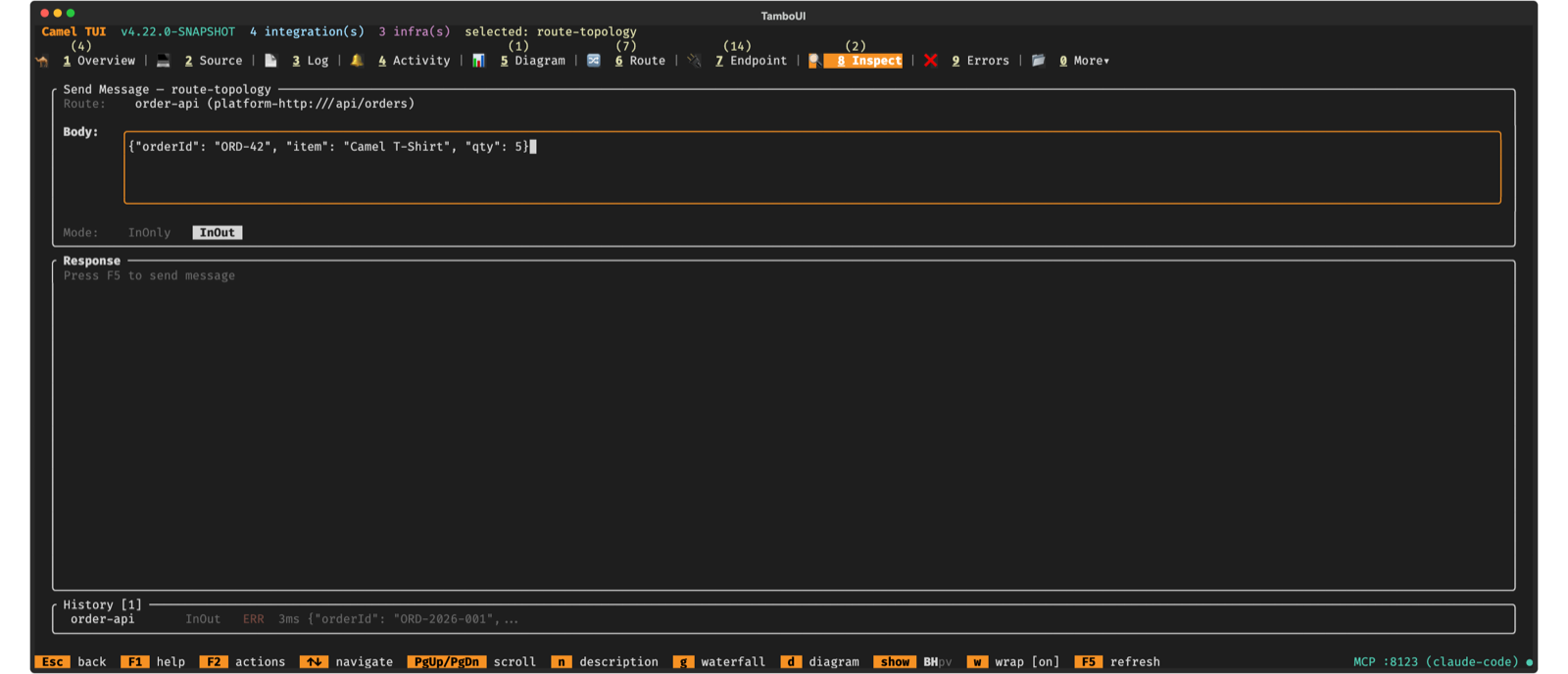Camel TUI Send Message — sending a test message to a route with JSON body